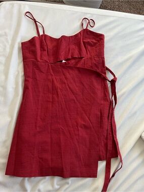 La Hearts Crimson Spaghetti Strap Wrap Mini Dress